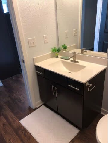A bathroom with a sink and a mirror.