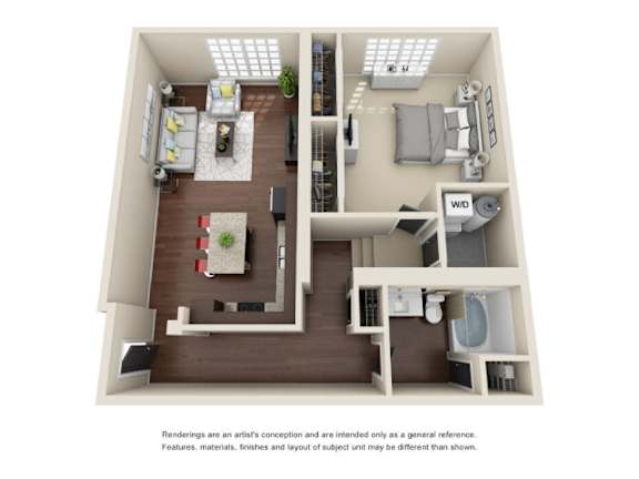 A 3D rendered image of a house layout.