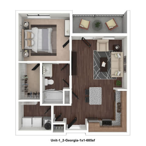 A floor plan of a small apartment with a kitchen, living room, and bathroom.