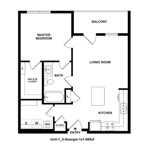 A black and white image of a floor plan for a one bedroom apartment.