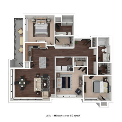 A floor plan of a 2-bedroom apartment in Massachusetts.