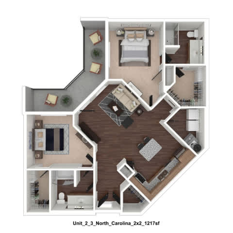 Floor Plan  A floor plan of a two-bedroom apartment in North Carolina.