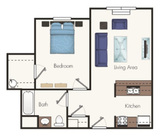 A simple floor plan of a small apartment with a bedroom, living area, and kitchen.