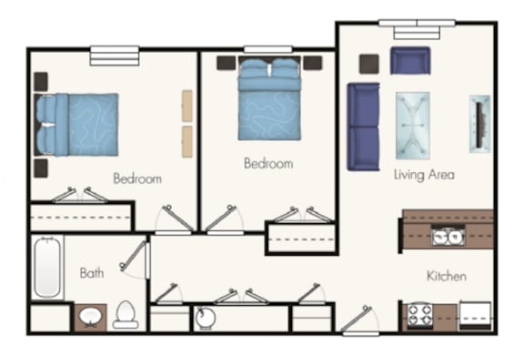 A floor plan of a house with two bedrooms, a living area, a kitchen, and a bathroom.