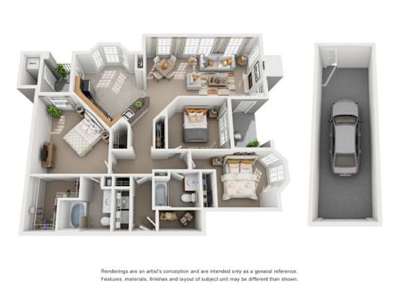 A top-down view of a house layout with a car parked outside.