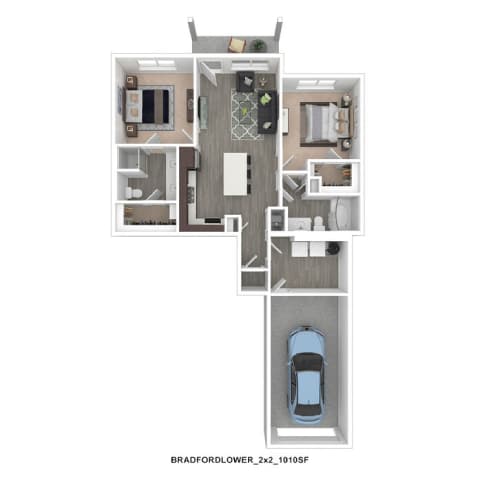 A floor plan of a two bedroom apartment with a garage.