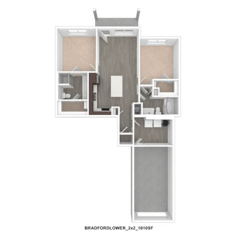 A floor plan of a Bradford LowER apartment with two bedrooms and two bathrooms.