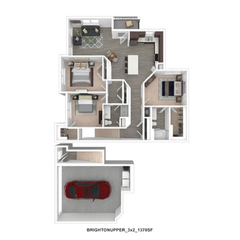 A floor plan of a house with a garage for a red car.