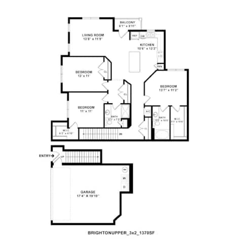 A floor plan of a house with a garage and three bedrooms.