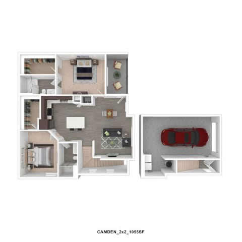 A floor plan of a two-bedroom apartment with a garage for a car.