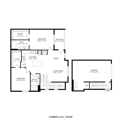 A black and white image of a floor plan for a living space.