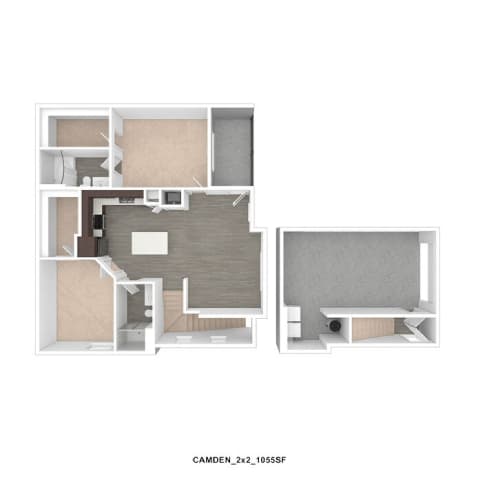 A floor plan of a room with a kitchen, living room, and bathroom.