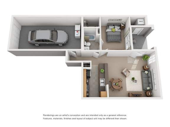 A top-down view of a house with a car parked in the garage.