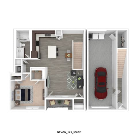 Floor Plan  A Devon 1x1 960 SF floor plan shows a living room, dining room, kitchen, and a bedroom with a carpeted hallway.
