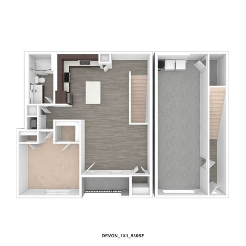 A Devon 1x1 960 SF floor plan shows a bedroom with a closet, a bathroom with a shower, and a living area with a couch.