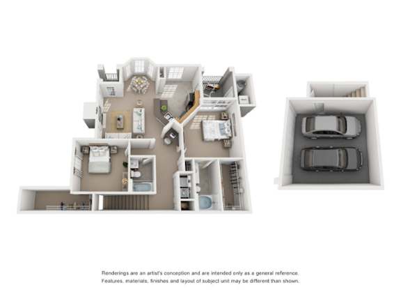 A floor plan of a house with a garage and a car.