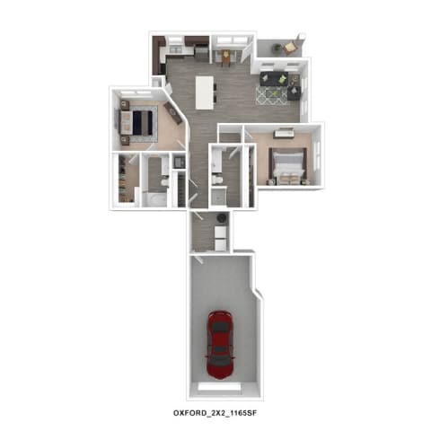 A floor plan of a house with a garage and a red car.