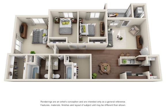 Floor Plan  A 3D rendered image of a house layout with a bear plushie on the kitchen counter.
