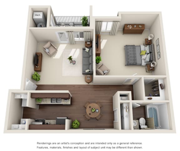 Floor Plan  A 3D floor plan of a house with a kitchen, living room, and bathroom.