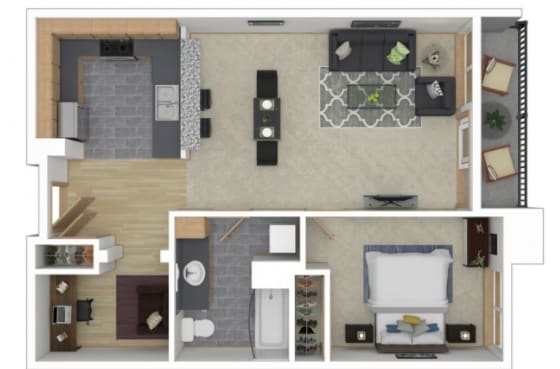 A top-down view of a small apartment layout with a kitchen, living room, and bathroom.