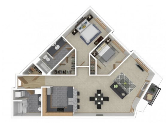 A floor plan of a house with a kitchen, living room, and two bedrooms.
