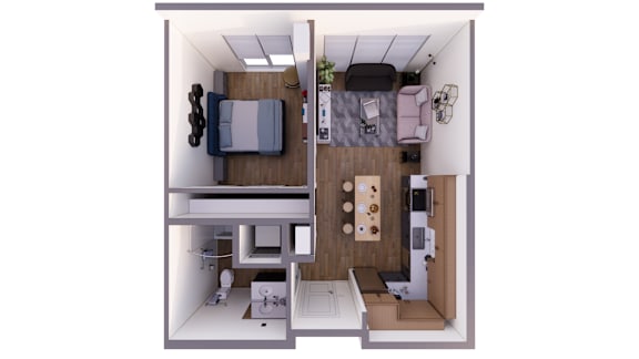 A top-down view of a small apartment with a bedroom, living room, and kitchen.