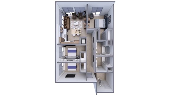 A 3D floor plan of a small apartment with a kitchen, living room, and bedroom.