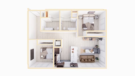 A dollhouse with a white interior and furniture.