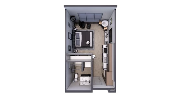A cutaway view of a small apartment showing the layout of the kitchen, living room, and bathroom.