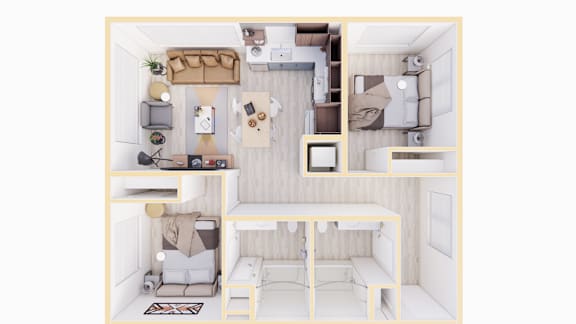 A top-down view of a small, neatly organized apartment with a kitchen, living room, and bedroom.