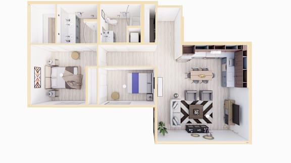 A 3D floor plan of a house with a living room, kitchen, and bedrooms.
