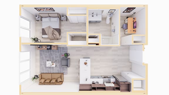 A top-down view of a small apartment with a kitchen, living room, and bedroom.