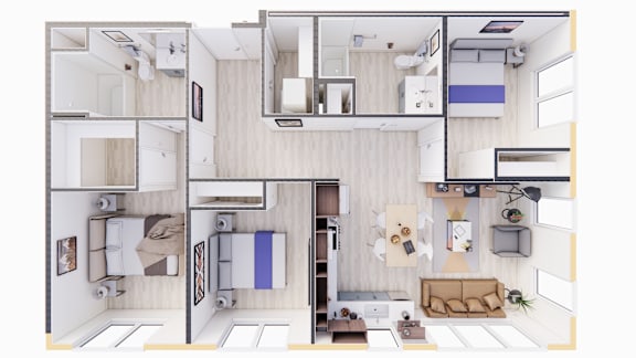 A top down view of a modern apartment layout.
