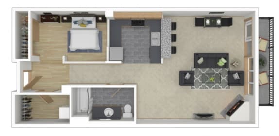 A floor plan of a small apartment with a bedroom, living room, and kitchen.