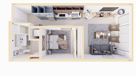 A 3D floor plan of a house with a kitchen, living room, and bedrooms.