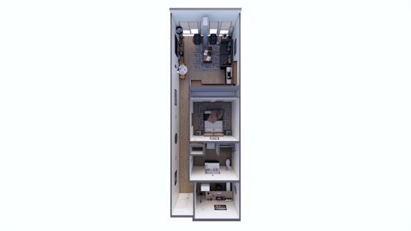 A white dollhouse with a mirrored door and furniture.