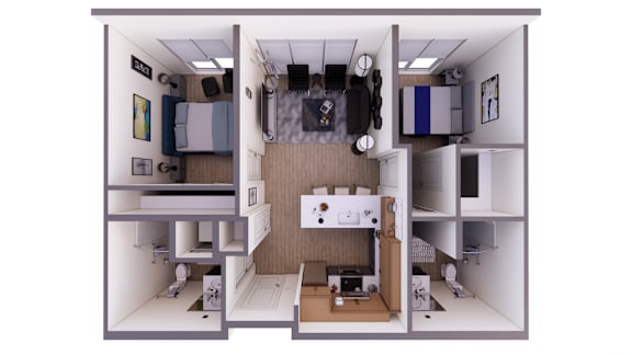 A dollhouse with a kitchen, living room, and bedroom.