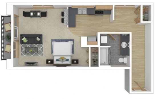 A floor plan of a small apartment with a kitchen, living room, and bathroom.