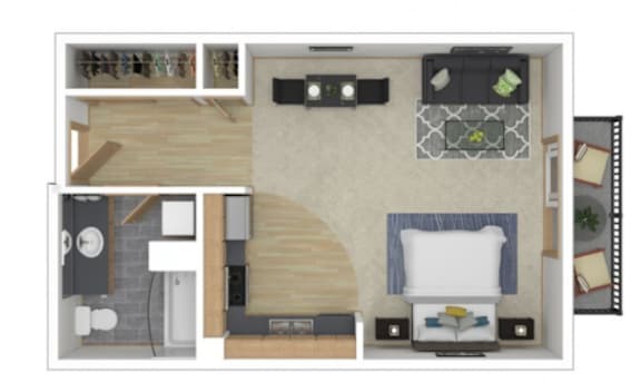 A floor plan of a small apartment with a bedroom, living room, and kitchen.