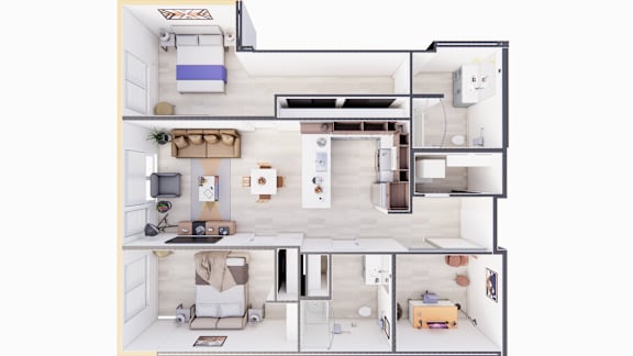 A top-down view of a small apartment with a kitchen, living room, and bedroom.