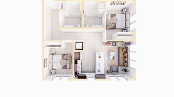 A top-down view of a small, neatly organized apartment.
