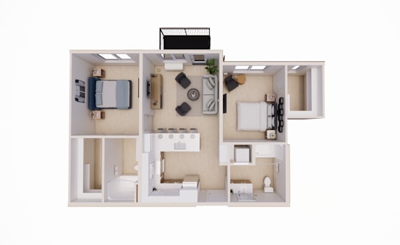 A floor plan of a small apartment with a kitchen, living room, and bathroom.