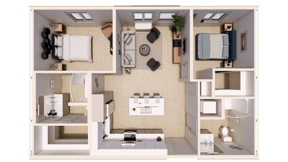 A 3D floor plan of a small apartment with a bedroom, living room, kitchen, and bathroom.
