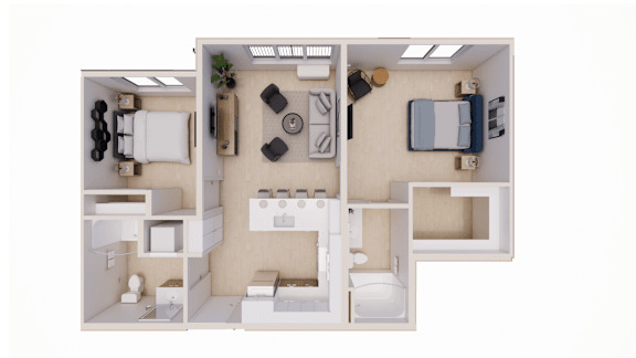 A 3D floor plan of a small apartment with a kitchen, living room, and bathroom.