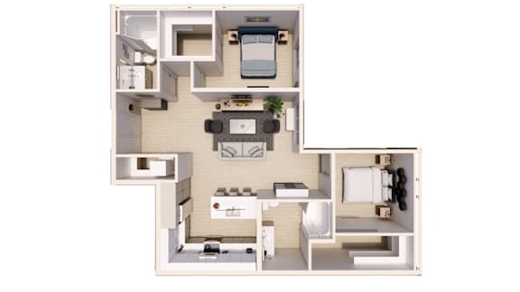 A floor plan of a small apartment with a kitchen, living room, and bedrooms.