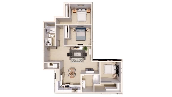 A floor plan of an apartment with a kitchen, living room, and two bedrooms.