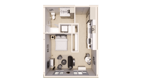 A top-down view of a small, neatly organized apartment with a kitchen, living room, and bathroom.