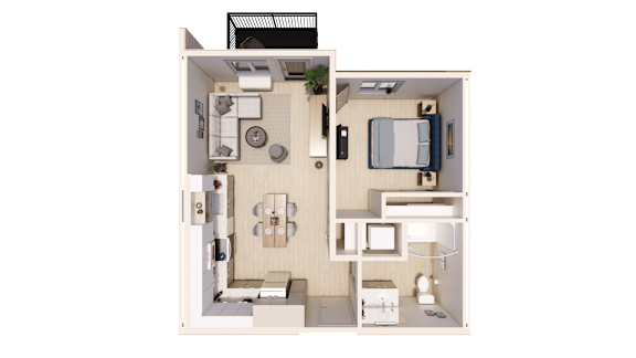 A detailed 3D floor plan of a small apartment layout.