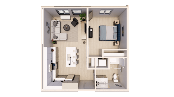 A top-down view of a small, neatly organized apartment.