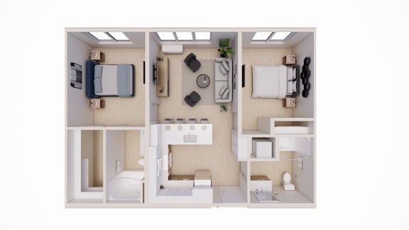 A white and beige dollhouse with a bed, chair, and kitchen area.